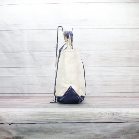 LL BEAN Boat & Tote Cream Canvas Blue Trim JMS & IBS Zip Top Purse Tote Handbag - Picture 5 of 9